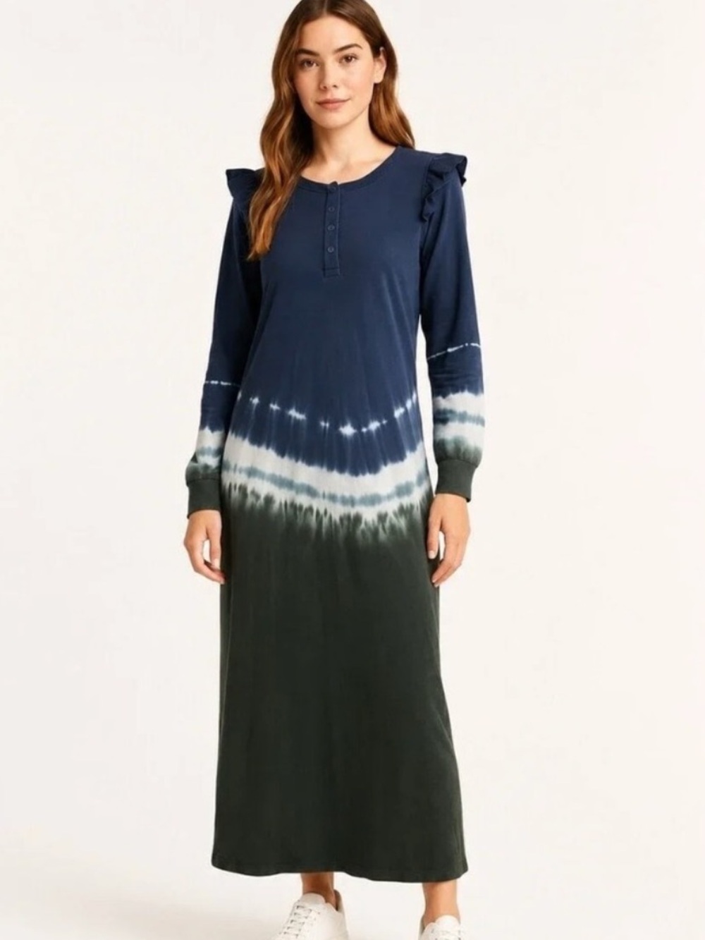Z Supply Black Iris Tie-Dye Ruffle Long-Sleeve Henley Maxi Dress Medium